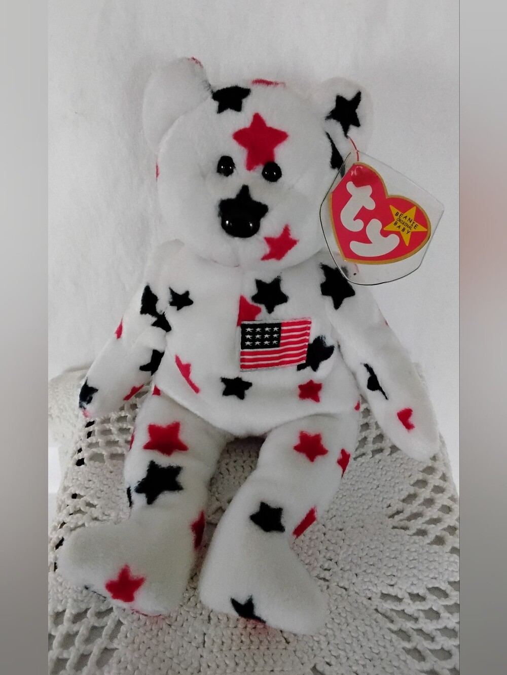 Vtg 1998 Ty Beanie Baby Patriotic Plush "Glory" Bear with Red & Blue Stars